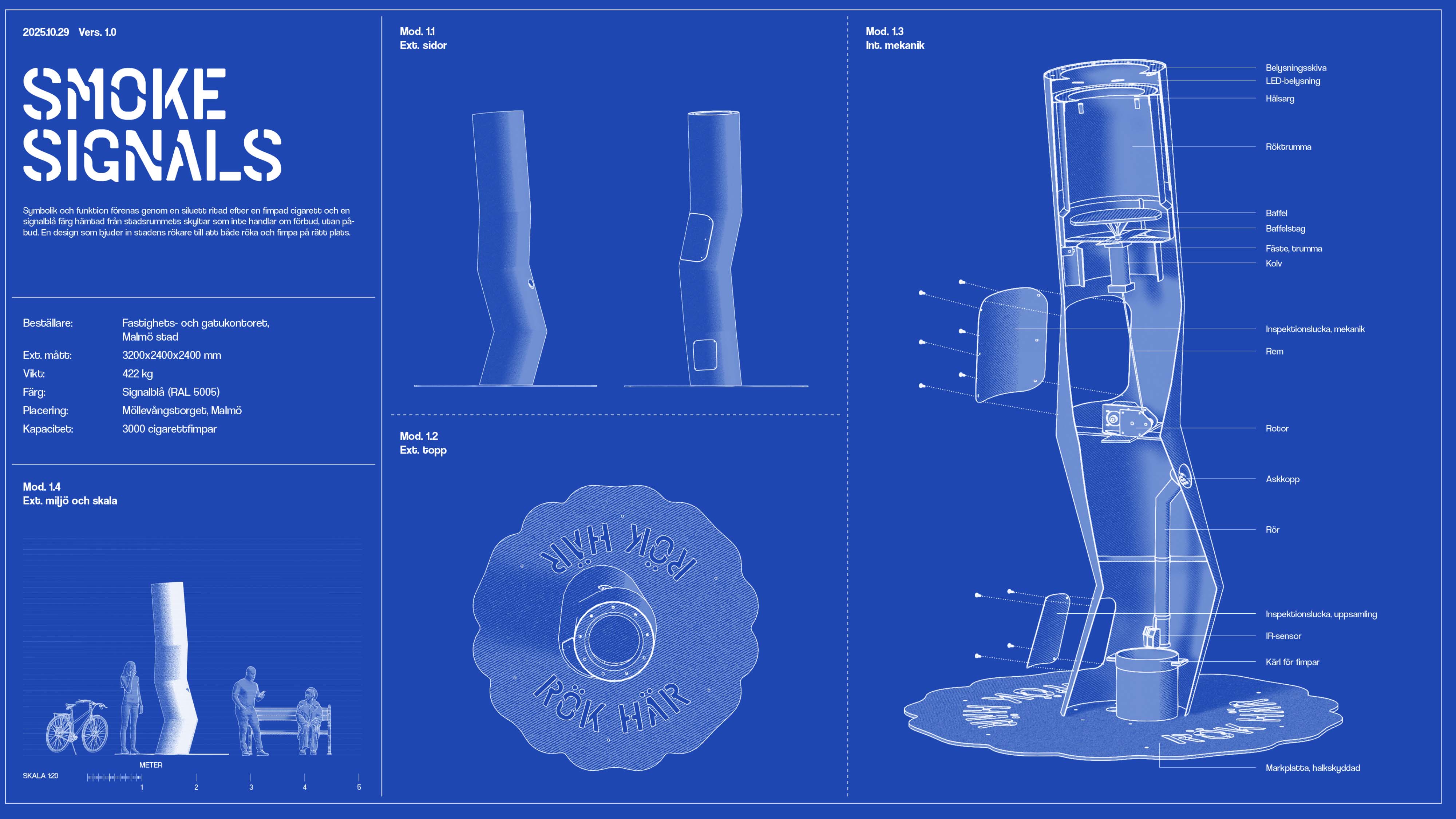 Blueprint-style design and labeled mechanical schematic of an outdoor cigarette disposal unit named Smoke Signals, with human scale figures for size reference.