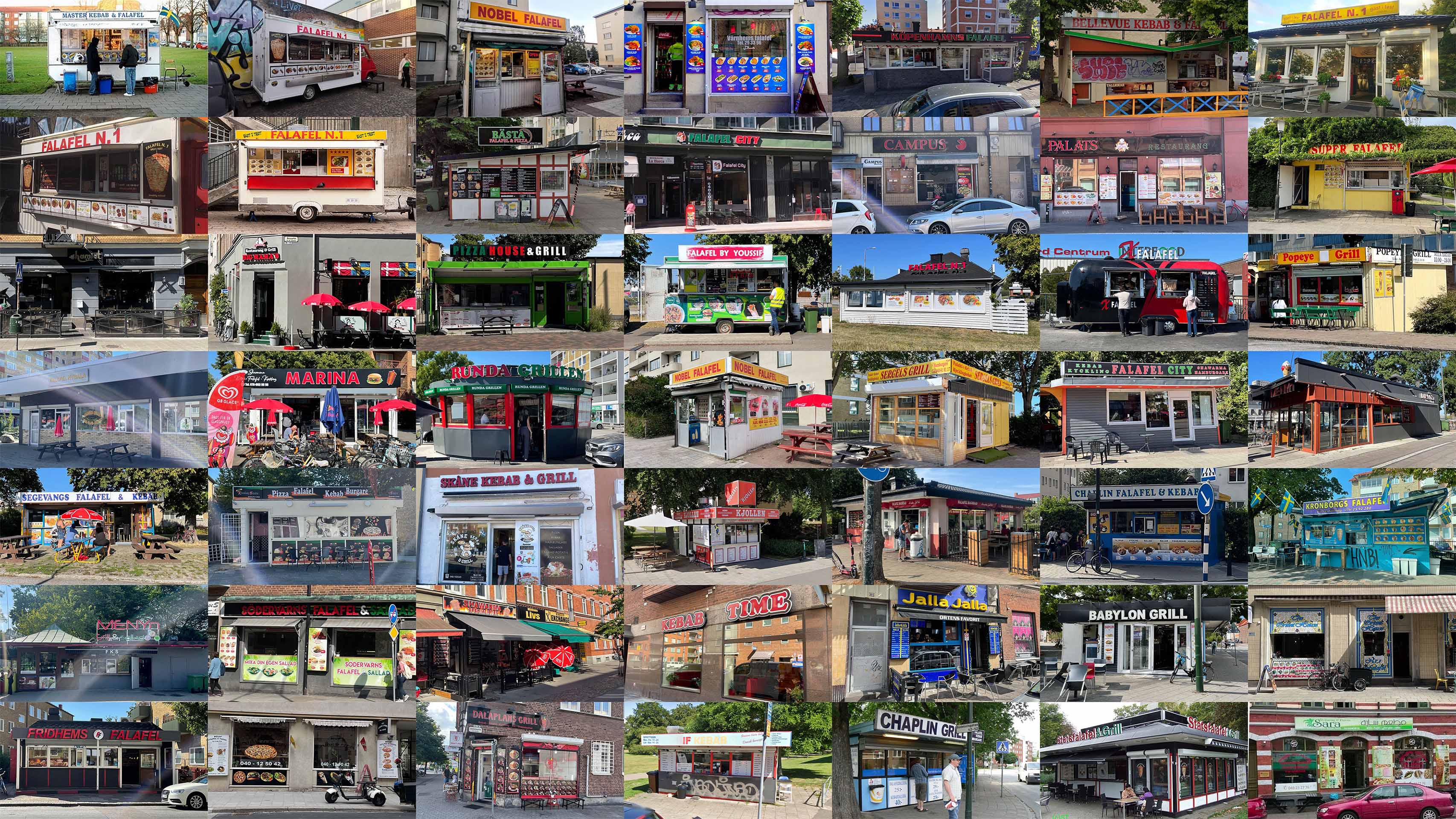 Collage of various kebab and falafel food stands and restaurants in urban settings.