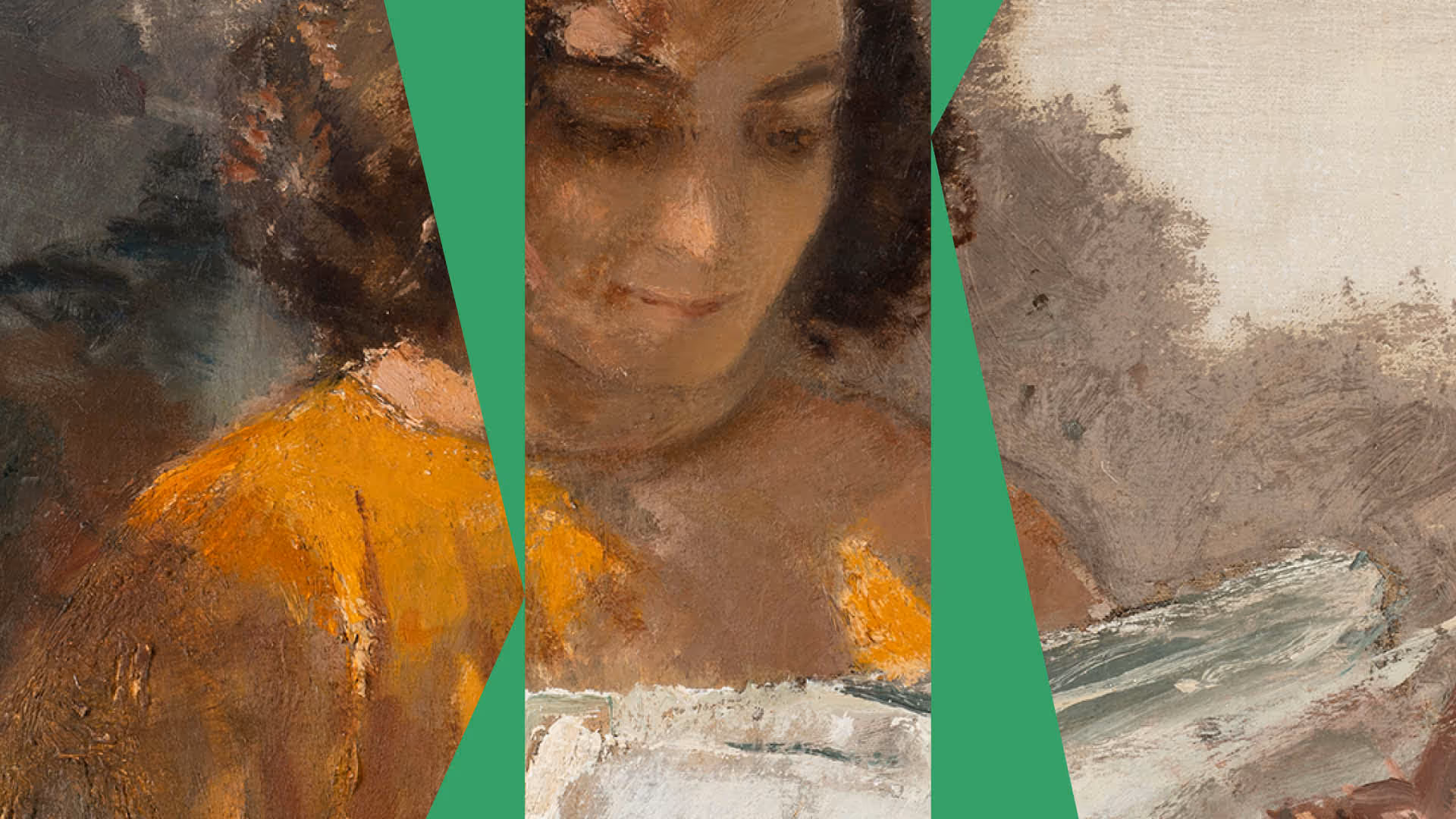 Close-up of an oil painting depicting a woman with curly dark hair wearing a yellow garment, looking down with a gentle expression.